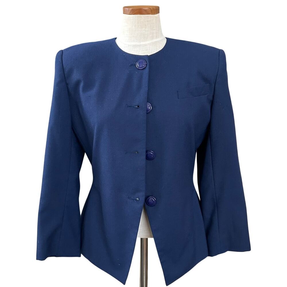 Vintage 80s Raoul Navy Blue Collarless Blazer Sz 6 Structured Shoulder Powersuit